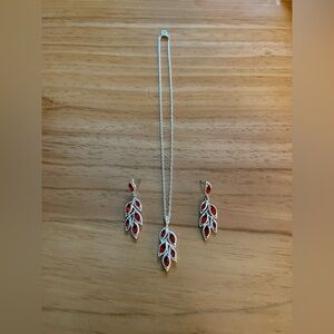 Elegant Silver and Red Leaf Jewelry Set